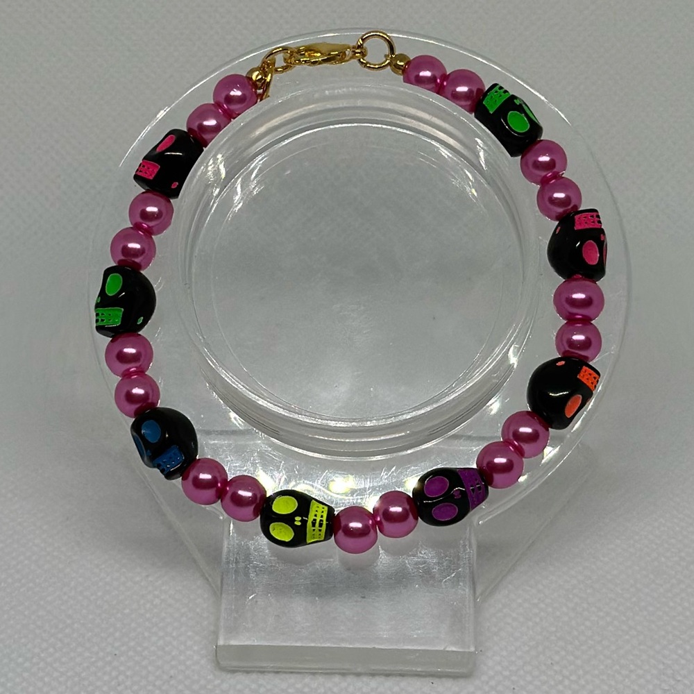 Handmade Gold Wire Bracelet with Neon Skull Beads